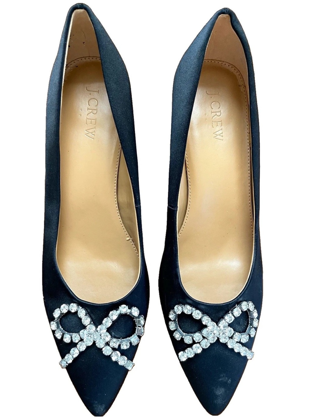 J. Crew Black Satin Pointed Toe Pumps with Crystal Bow Accent Formal Dance